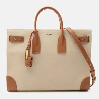 Pre-owned Saint Laurent Sac Du Jour Thin Large Tote Bag Canvas Leather Beige Brown In Sand
