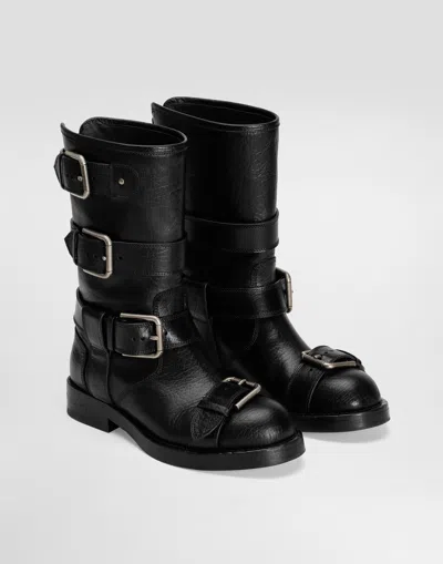 Dolce & Gabbana Leather Boot With Buckles In Black