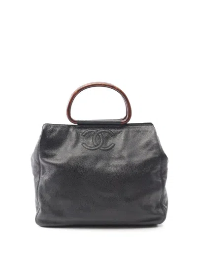 Pre-owned Chanel 2000-2002 Cc Caviar Wood Top Handle Tote Bag In Black
