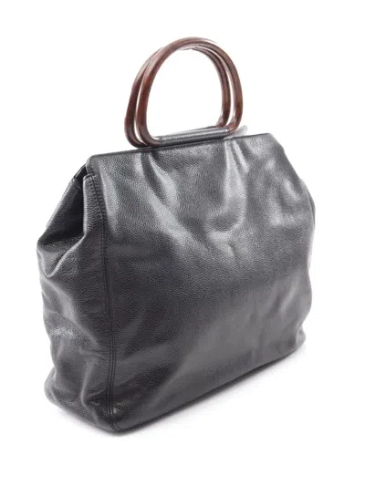 Pre-owned Chanel 2000-2002 Cc Caviar Wood Top Handle Tote Bag In Black