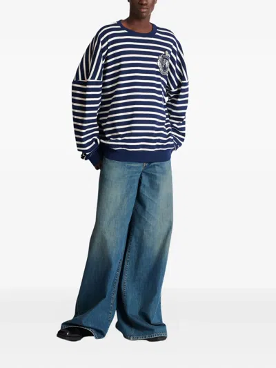 Balmain Cotton College Emblem Sweatshirt With Breton Stripes In Blue