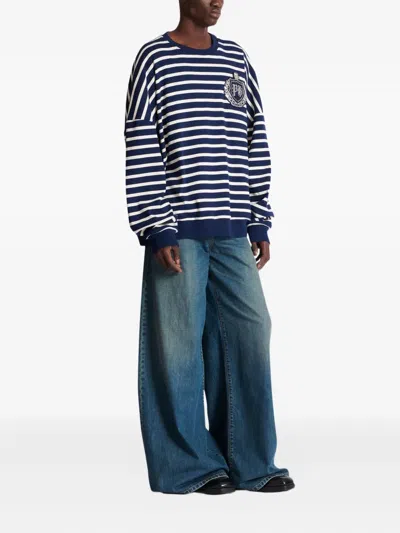 Balmain Cotton College Emblem Sweatshirt With Breton Stripes In Blue