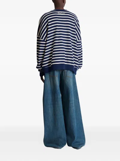 Balmain Cotton College Emblem Sweatshirt With Breton Stripes In Blue