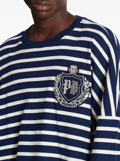 Balmain Cotton College Emblem Sweatshirt With Breton Stripes In Blue