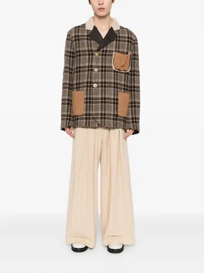 Communs Checked Leather Jacket In Brown