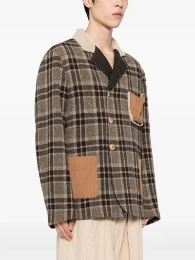 Communs Checked Leather Jacket In Brown