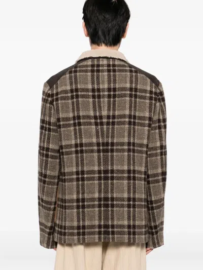 Communs Checked Leather Jacket In Brown