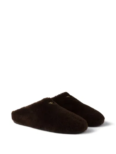 Prada Shearling Mules In Brown