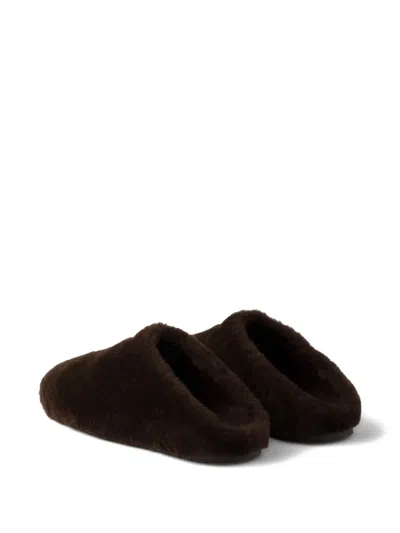 Prada Shearling Mules In Brown