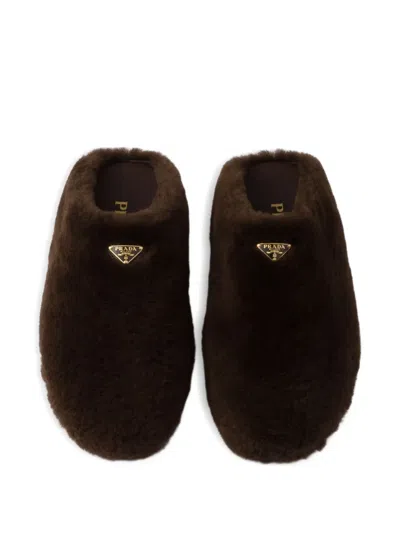 Prada Shearling Mules In Brown