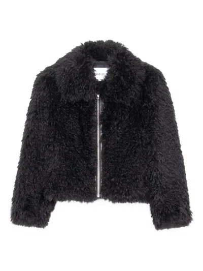 Stand Studio Teddy-texture Zip-up Jacket In Black