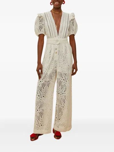 Farm Rio Broderie-anglaise Puff-sleeve Jumpsuit In White