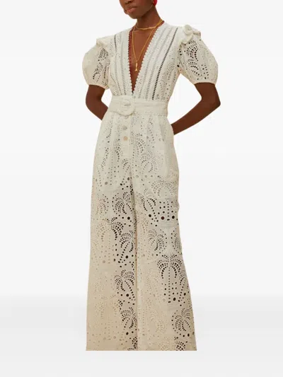 Farm Rio Broderie-anglaise Puff-sleeve Jumpsuit In White