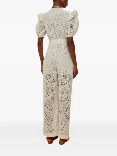 Farm Rio Broderie-anglaise Puff-sleeve Jumpsuit In White