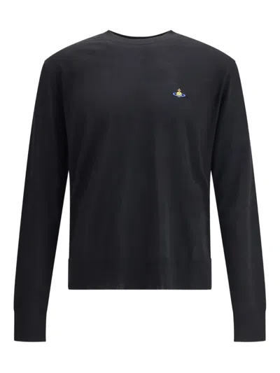 Vivienne Westwood Black Crew Necksweater With Orb Logo Embroidered On The Front In Wool Blend Man In Black