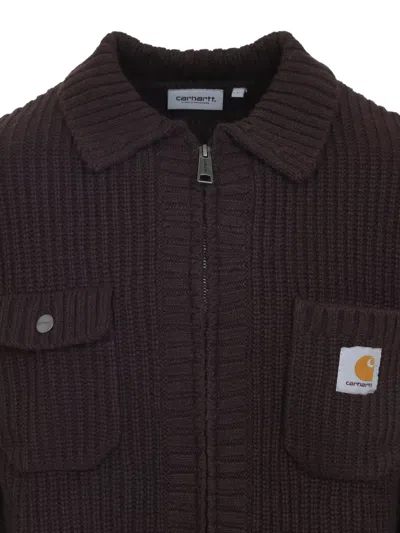 Carhartt Ip Mens Chore Logo-patch Knitted Wool-blend Cardigan Palisander In Brown