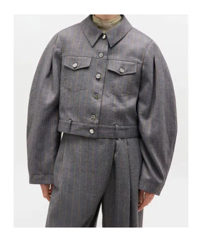 Ganni Womens Pewter Striped Cropped Woven Jacket In Gray