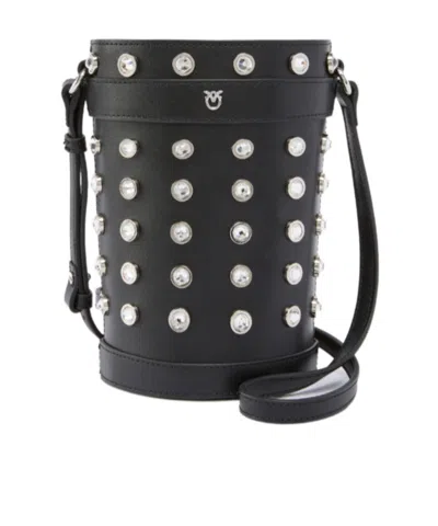 Pinko Mini Crystal Studded Leather Bucket Bag In Black