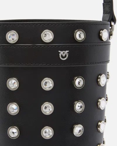 Pinko Mini Crystal Studded Leather Bucket Bag In Black