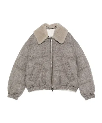 Brunello Cucinelli Herringbone-pattern Shearling-collar Jacket In Gray