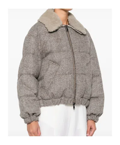 Brunello Cucinelli Herringbone-pattern Shearling-collar Jacket In Gray