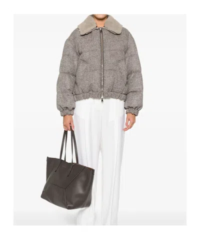 Brunello Cucinelli Herringbone-pattern Shearling-collar Jacket In Gray