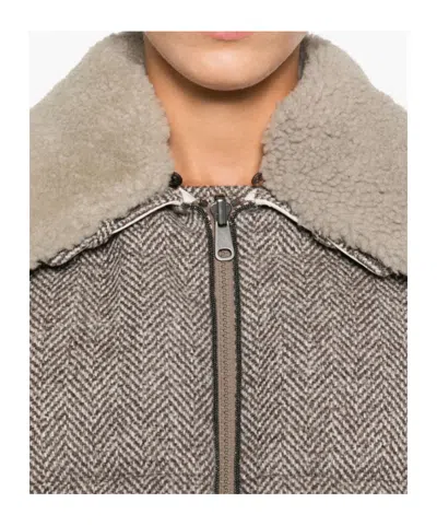 Brunello Cucinelli Herringbone-pattern Shearling-collar Jacket In Gray