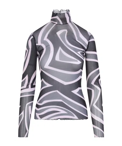 Pucci Semi Sheer Printed Long-sleeved High-neck Top In Black