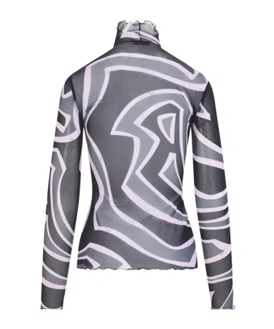 Pucci Semi Sheer Printed Long-sleeved High-neck Top In Black