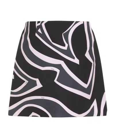 Pucci Wrap Mini Skirt In Silk Twill With Marmo Print In Black