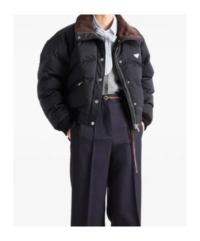 Prada Cropped Compact Poplin Down Jacket In Black