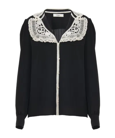 Chloé Blouse With Ruffles In Crepe De Chine And Lace Clothing In Black