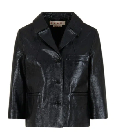 Marni Cropped Leather Button-up Jacket In Black