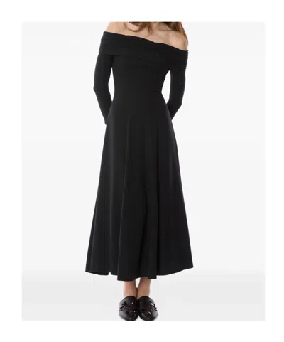 Alberta Ferretti Slightly Stretch Cady Midi Dress With Off-the-shoulder Neckline In Black