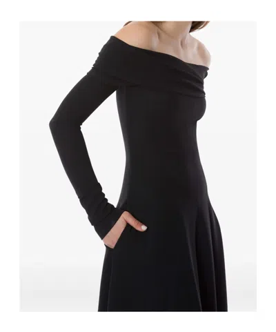 Alberta Ferretti Slightly Stretch Cady Midi Dress With Off-the-shoulder Neckline In Black