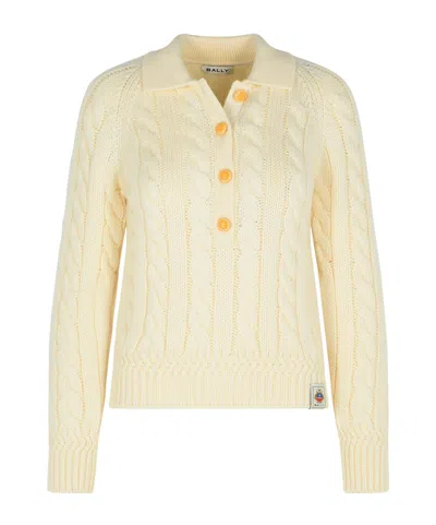 Bally Merino Wool Cable Knit Sweater Collared In Yellow