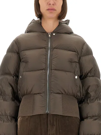 Rick Owens Brown Down Jacket With Crop Design And Fixed Hood In Tech Fabric Woman In Brown