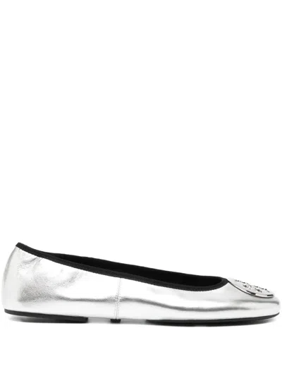 Tory Burch Minnie Travel Leather Ballet Flats In Silver