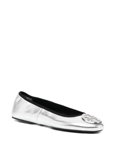 Tory Burch Minnie Travel Leather Ballet Flats In Silver