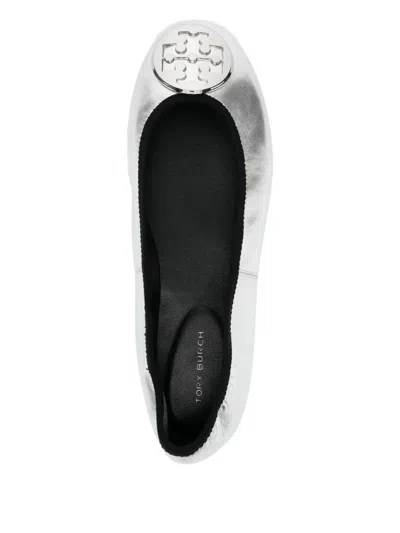 Tory Burch Minnie Travel Leather Ballet Flats In Silver