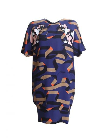 Shop Msgm Blue Printed Cats Crepe Dress In Multi