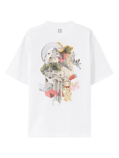 Wooyoungmi White Crewneck T-shirt With Logo Patch On The Front And Floral Motif On The Rear In Cotton Man In White