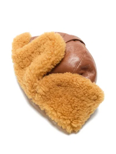 Acne Studios Leather Shearling Hat In Brown