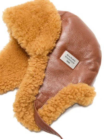 Acne Studios Leather Shearling Hat In Brown