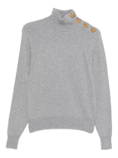 Balmain Grey High-neck Wool Sweater With Gold Buttons In Gray