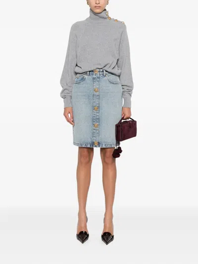 Balmain Grey High-neck Wool Sweater With Gold Buttons In Gray