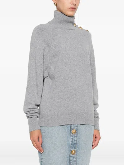 Balmain Grey High-neck Wool Sweater With Gold Buttons In Gray