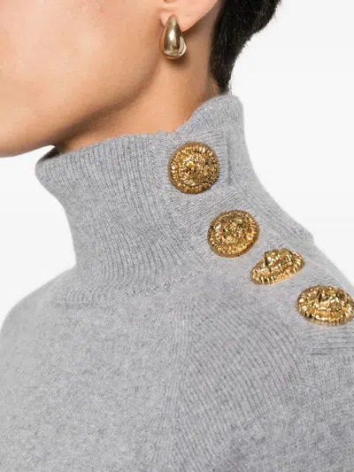 Balmain Grey High-neck Wool Sweater With Gold Buttons In Gray