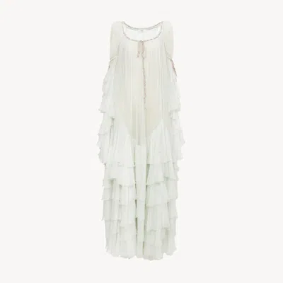 Chloé Oversized Long Ruffled Dress In Silk Mousseline Grey Size 4 100% Silk In White