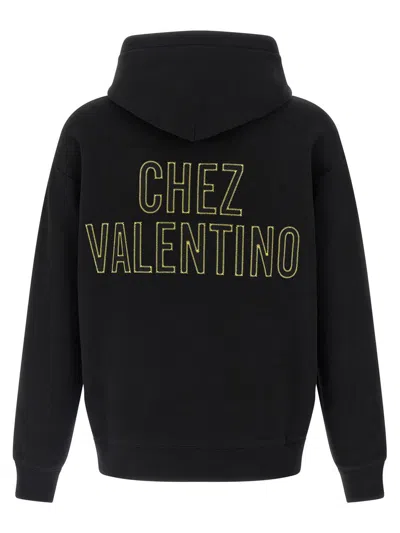 Valentino Hooded Sweatshirt With Front Pocket And Ribbed Hem In Black